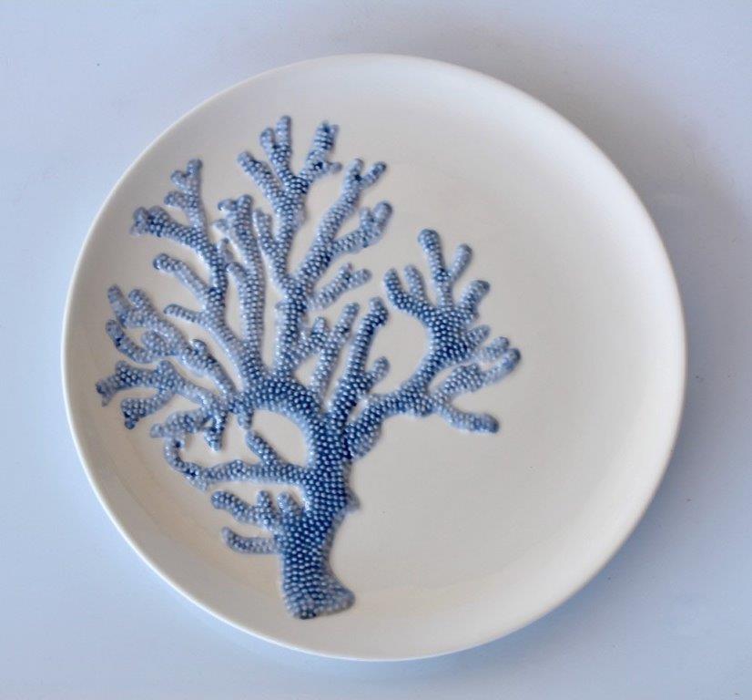 Large Off White Platter Blue Coral Design